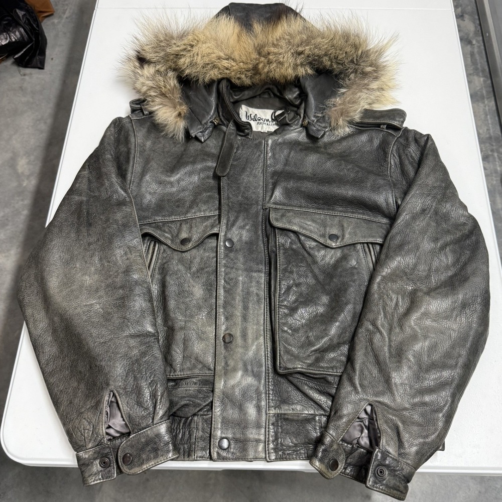 Wilsons Leather Bomber Jacket Mens 40 Grey Good Distressed Fur Hood Aviator
